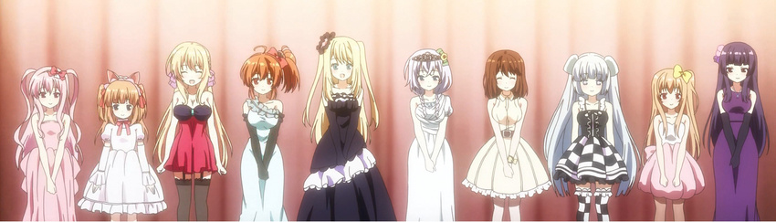 6+girls anime_screenshot asahina_momoko black_hair blonde_hair braid breasts brown_hair checkered chloe_lemaire dress girlfriend_(kari) hair_ornament highres kagami_matsuri kagurazaka_saya long_hair miss_monochrome miss_monochrome_(character) mochizuki_erena multiple_girls murakami_fumio open_mouth orange_hair pantyhose pink_hair ribbon sakurai_akane shiina_kokomi short_sidetail side_ponytail thighhighs twin_braids twintails white_hair yuuki_nae