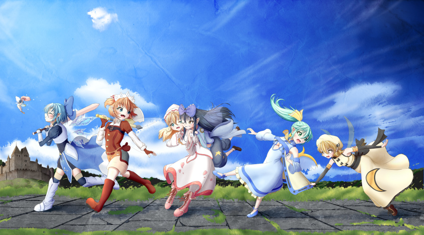 6+girls alternate_costume armor ascot axe bike_shorts black_hair blonde_hair blue_hair boots bow breastplate breasts brown_hair cape cape_tug capri_pants cirno city cleavage_cutout closed_eyes clothing_cutout cloud commentary daiyousei day detached_sleeves dress drill_hair fairy fairy_wings fangs fantasy fingerless_gloves flat_chest gauntlets gloves green_eyes green_hair grin hairbow happy hat headdress heart highres ice ice_wings jumping knight lily_white long_hair looking_back luna_child midriff mini_person minigirl multiple_girls one_eye_closed open_mouth over_shoulder pants path pink_hair pointy_ears pouch profile road running sash short_hair shorts side_ponytail sky sleeveless sleeveless_dress smile standing standing_on_one_leg star_(symbol) star_sapphire sunny_milk sword texture touhou tripping two_side_up underboob wall wan_tama weapon weapon_over_shoulder white_dress wings wizardry