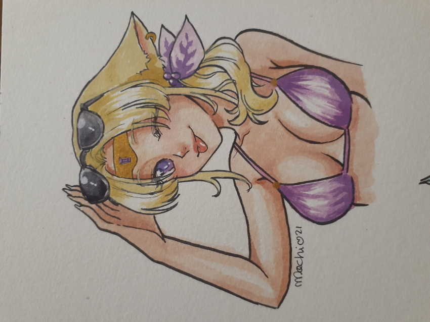 1girls 2d 2d_(artwork) animal_ears bikini blonde_hair cat_ears cat_tail catgirl clothed clothing dark_skin drawn female female_only final_fantasy final_fantasy_xiv headshot_portrait humanoid intersex jewelry l'fah_morcant miqo'te mochironmochi mostly_nude original original_character purple_eyes solo sunglasses_on_head tongue traditional_media_(artwork) wide_hips