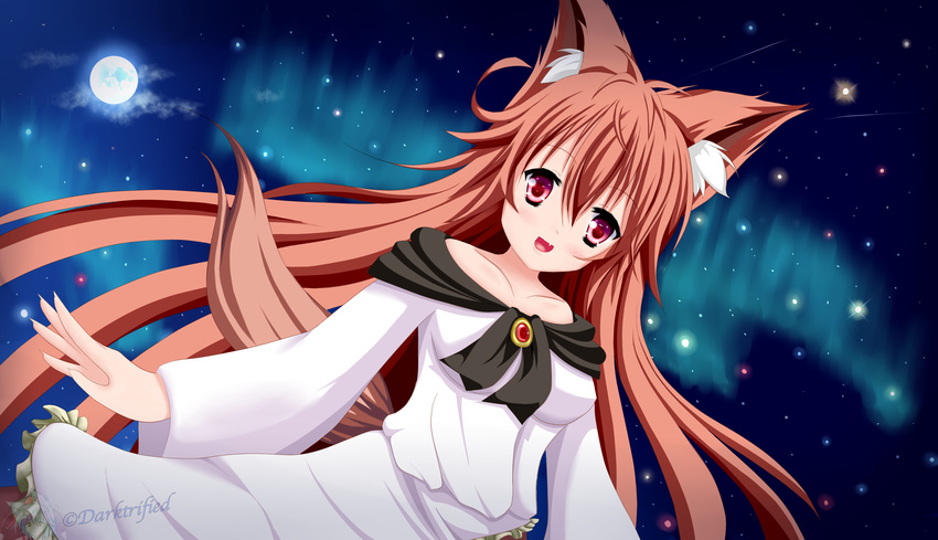 absurdres animal_ears aurora bare_shoulders breasts brooch brown_hair collarbone commentary_request dress female fingernails full_moon highres imaizumi_kagerou jewelry long_hair looking_at_viewer lupinalia moon oerba_yun_fang open_mouth red_eyes shooting_star sky solo star_(sky) star_(symbol) starry_sky tail touhou very_long_hair watermark wolf_ears wolf_tail