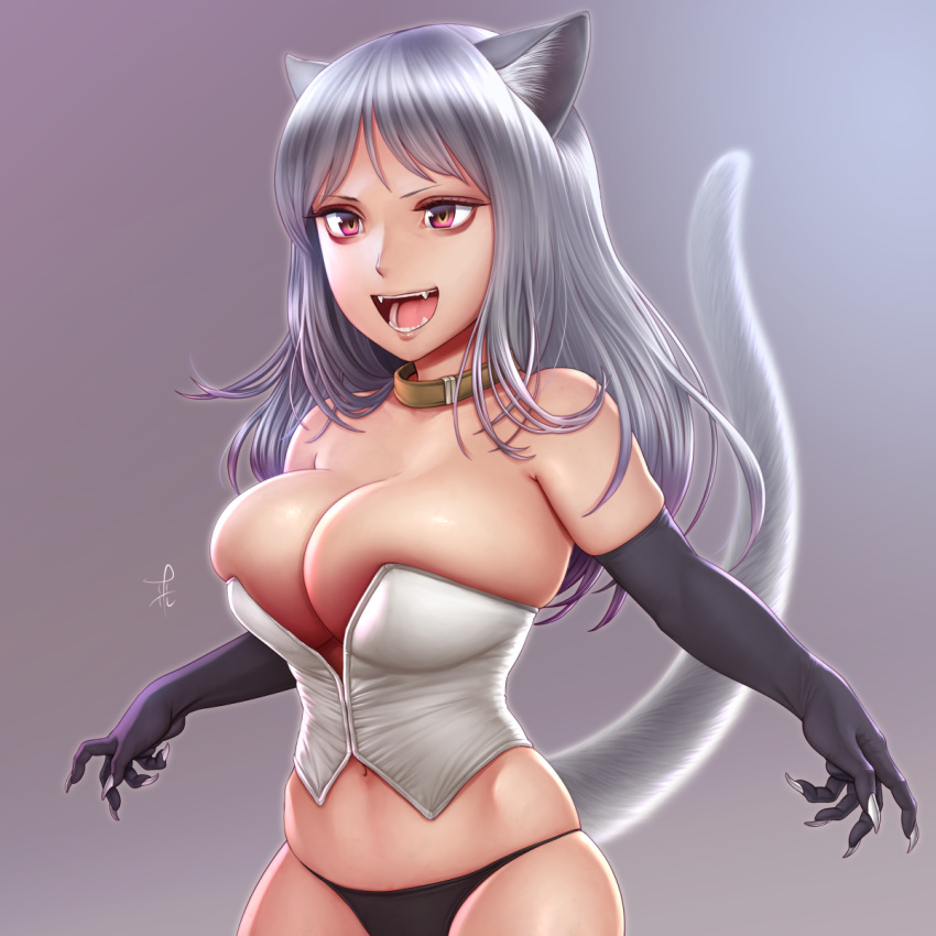 :d animal_ears bare_shoulders black_gloves black_panties breasts bursting_breasts cat_ears cat_girl cat_tail collar commentary_request elbow_gloves fangs female fingernails gloves gradient_background grey_hair highres horiishi_horuto large_breasts long_fingernails long_hair navel open_mouth original panties pink_eyes sharp_fingernails skindentation smile solo straight_hair tail tail_raised teeth underwear