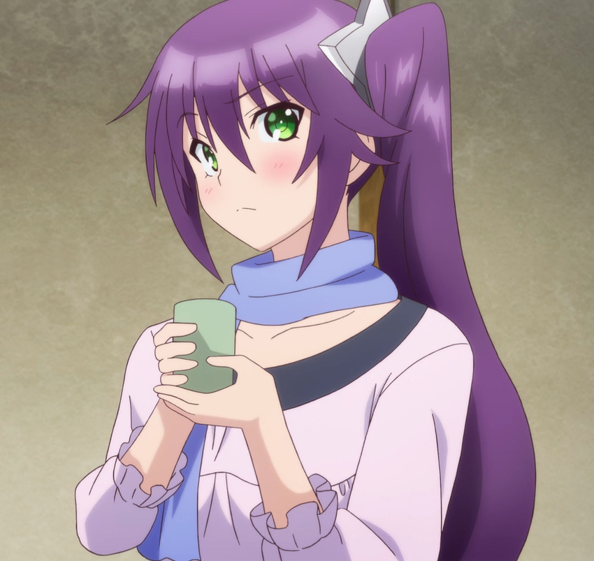 ameno_sagiri_(yuragisou_no_yuuna-san) anime_screenshot aqua_eyes blush cup female headband highres ponytail purple_hair scarf solo stitched teacup third-party_edit yuragisou_no_yuuna-san