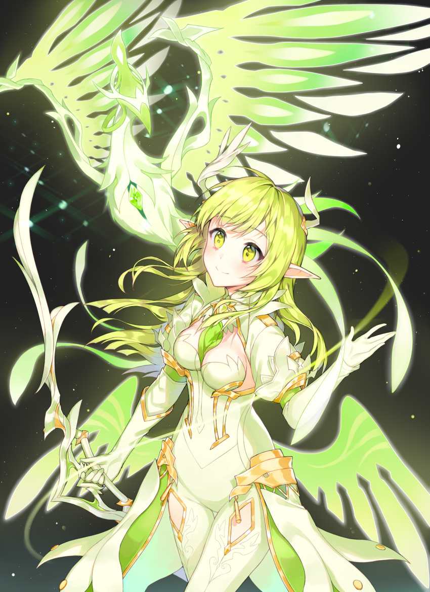 absurdres blush bow breasts cleavage commentary_request cyg38801 daybreaker_(elsword) elf elsword familiar female green_eyes green_hair hair_ornament highres holding holding_weapon long_hair pointy_ears rena_erindel smile weapon