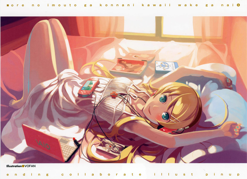 aqua_eyes armpits arms_up barefoot bed blonde_hair blush book cable computer dress female handheld_game_console headphones highres indoors jewelry kousaka_kirino laptop lipstick long_hair long_legs looking_at_viewer lying makeup nail_polish necklace on_back ore_no_imouto_ga_konna_ni_kawaii_wake_ga_nai photoshop_(medium) playstation_portable product_placement smile solo sony sundress vaio video_game vofan white_dress window