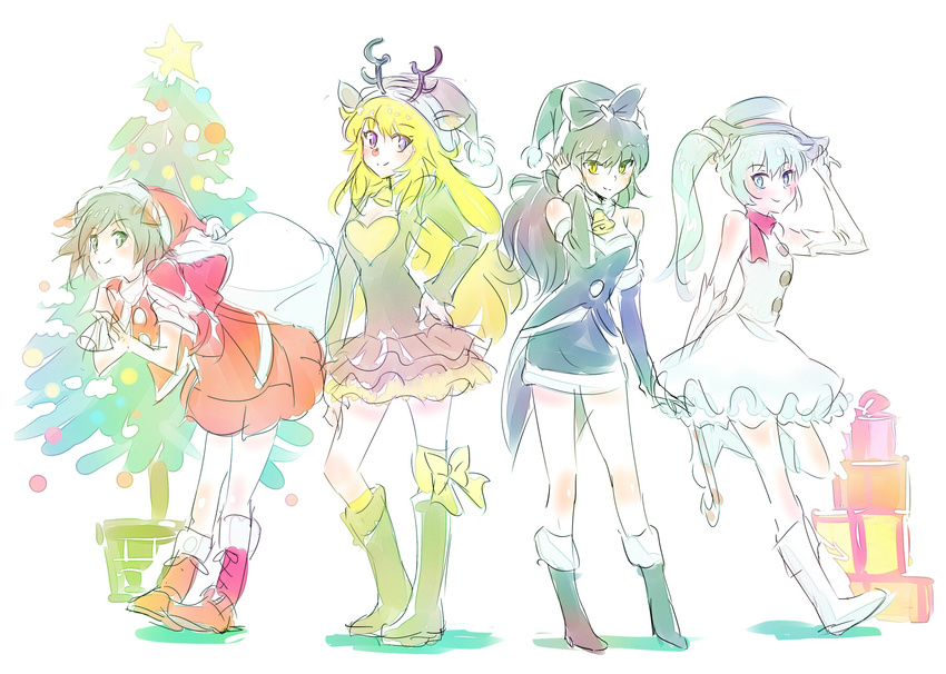 4girls animal_costume blake_belladonna christmas christmas_elf christmas_tree commentary gift highres iesupa multiple_girls reindeer_costume ruby_rose rwby santa_costume snowman_costume weiss_schnee yang_xiao_long