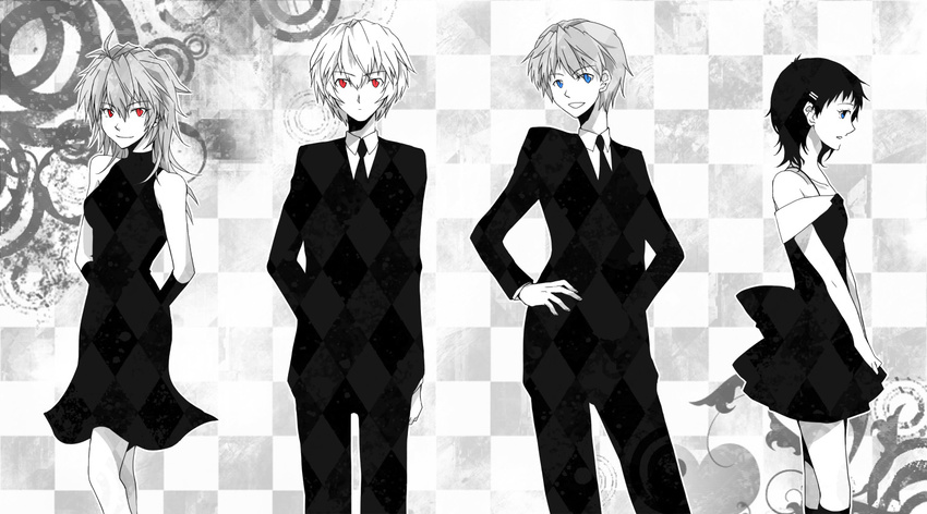 2boys 2girls ayanami_rei blue_eyes commentary_request formal genderswap_(ftm) genderswap_(mtf) greyscale ikari_shinji lifegoeson monochrome multiple_boys multiple_girls nagisa_kaworu neon_genesis_evangelion photoshop_(medium) red_eyes rule_63 shin-chan_(evangelion) souryuu_asuka_langley spot_color