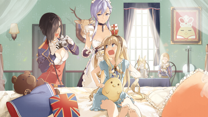 5girls :d ark_royal_(azur_lane) azur_lane bad_id bad_pixiv_id belfast_(azur_lane) black_hair blonde_hair blue_eyes blush bow breasts camera choker cleavage commentary_request crown deer_head drinking gloves grey_eyes grey_hair hair_ears hair_over_one_eye hairbow hood_(azur_lane) indoors long_hair long_sleeves medium_breasts mini_crown multiple_girls ochanoha on_bed open_mouth pajamas pillow queen_elizabeth_(azur_lane) smile stuffed_animal stuffed_toy teddy_bear trophy_head warspite_(azur_lane) wavy_mouth window