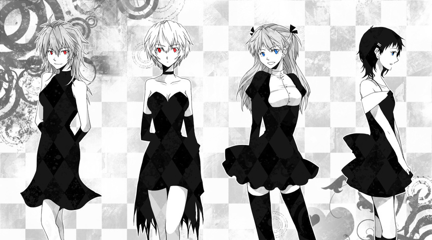 4girls ayanami_rei blue_eyes breasts choker cleavage commentary_request elbow_gloves formal genderswap_(mtf) gloves greyscale ikari_shinji lifegoeson medium_breasts monochrome multiple_girls nagisa_kaworu neon_genesis_evangelion photoshop_(medium) red_eyes rule_63 shin-chan_(evangelion) souryuu_asuka_langley spot_color thighhighs