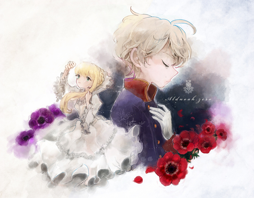 1boy aldnoah.zero asseylum_vers_allusia bad_id bad_pixiv_id blonde_hair dress female flower grey_hair hcnsa highres long_hair military military_uniform photoshop_(medium) short_hair slaine_troyard uniform