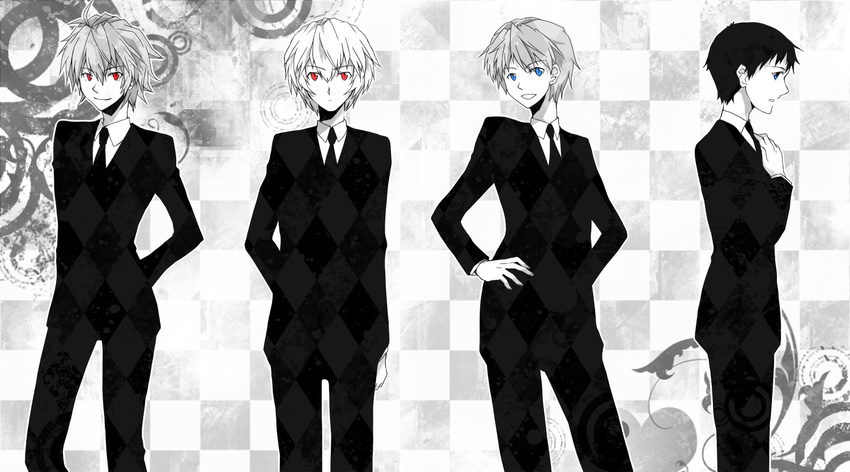 4boys ayanami_rei blue_eyes commentary_request formal genderswap_(ftm) greyscale ikari_shinji lifegoeson male_focus monochrome multiple_boys nagisa_kaworu neon_genesis_evangelion photoshop_(medium) red_eyes rule_63 souryuu_asuka_langley spot_color