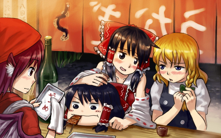 3girls aka-kabuto_no_gema animal_ears bird_ears bird_wings blonde_hair blush brown_kimono commentary_request fish_(food) food_stand grilled_eel hakurei_reimu highres japanese_clothes kimono kirisame_marisa multiple_girls mystia_lorelei noren okamisty tasuki touhou wings yatai yukkuri_shiteitte_ne