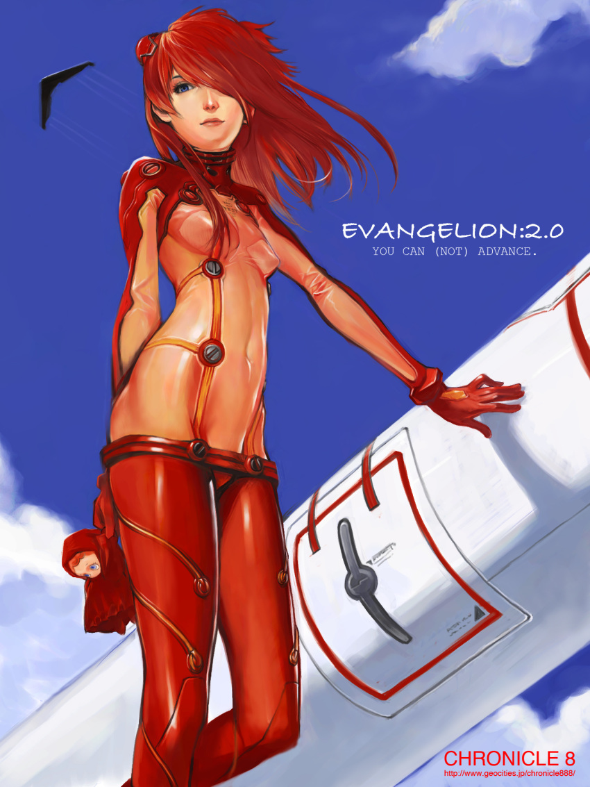 aircraft airplane blue_sky bodysuit breasts cleavage cloud commentary_request covered_navel covered_nipples day doll entry_plug evangelion:_2.0_you_can_(not)_advance female from_below hair_over_one_eye headgear highres interface_headset kiyohisa lips long_hair looking_at_viewer looking_down multicolored_bodysuit multicolored_clothes neon_genesis_evangelion orange_bodysuit outdoors pilot_suit pink_bodysuit plugsuit realistic rebuild_of_evangelion red_bodysuit red_hair red_lips science_fiction see-through see-through_cleavage sky solo souryuu_asuka_langley standing test_plugsuit two-tone_bodysuit