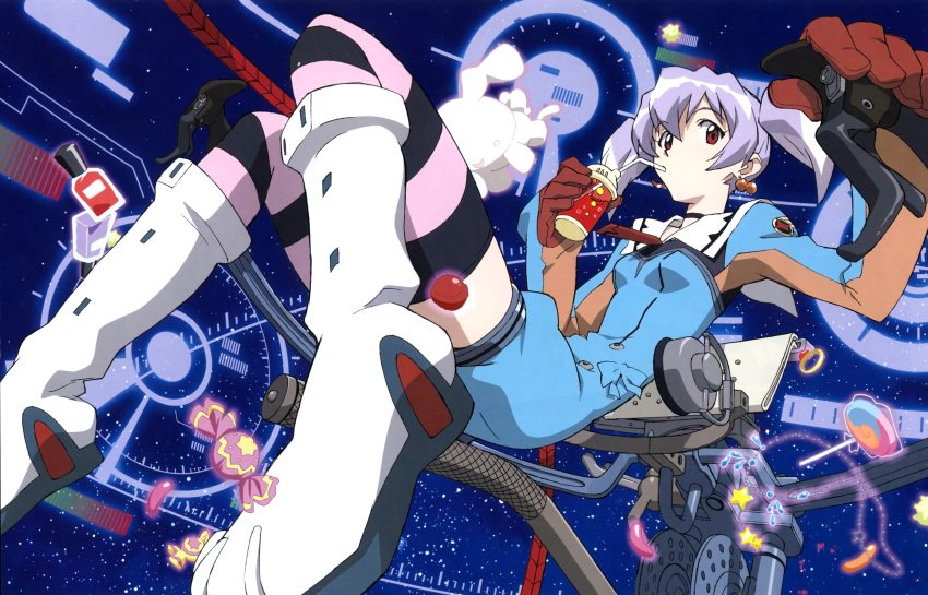 absurdres artist_request candy earrings female food highres jewelry purple_hair scan solo striped_clothes striped_thighhighs thighhighs top_wo_nerae_2! twintails tycho_science