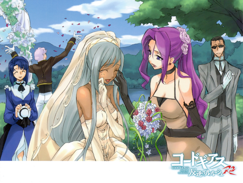 2boys 3girls absurdres blue_hair bouquet breasts bride cecile_croomy closed_eyes code_geass cornelia_li_britannia dark-skinned_female dark_skin dress elbow_gloves flower formal gilbert_g.p._guilford gloves grey_hair highres kimura_takahiro large_breasts lloyd_asplund long_hair multiple_boys multiple_girls ookouchi_ricca purple_eyes purple_hair short_hair suit sunglasses tears villetta_nu wedding_dress