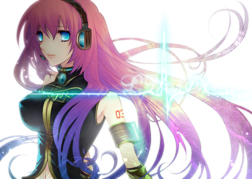 bad_id bad_pixiv_id blue_eyes female headset long_hair megurine_luka migiwa_hasu multicolored_hair navel photoshop_(medium) pink_hair smile solo tattoo very_long_hair vocaloid