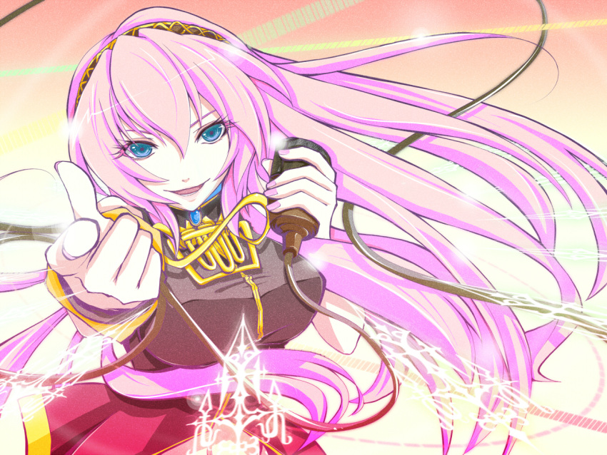 blue_eyes breasts cable commentary_request crop_top female haru_aki holding holding_microphone long_hair looking_at_viewer luka_luka_night_fever_(vocaloid) medium_breasts megurine_luka microphone midriff nail_polish navel pink_hair pink_nails pointing pointing_at_viewer samfree_("night"_songs) smile solo upper_body vocaloid