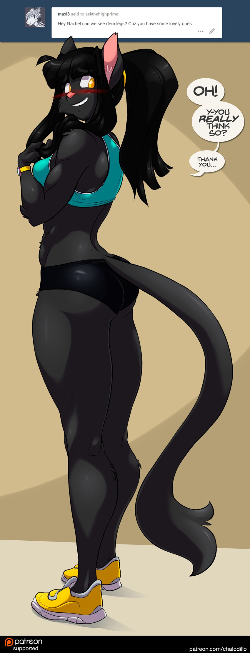 2017 anthro athletic black_fur black_hair blush breasts chalo clothed clothing feline feline female fur hair las_lindas looking_at_viewer mammal rachael_saleigh simple_background smile solo text yellow_eyes