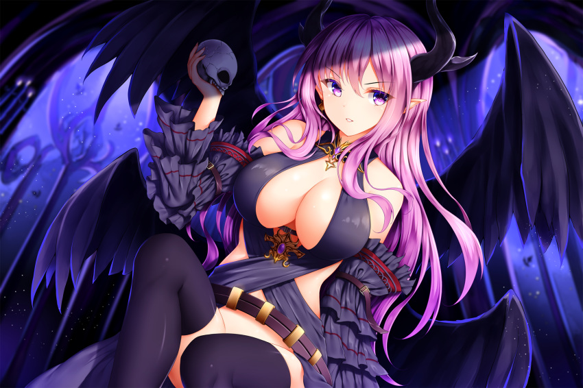 bare_shoulders belt black_dress black_thighhighs blurry blurry_background breasts broken_skull cleavage commentary criss-cross_halter demon_horns demon_wings detached_sleeves dress earrings female full_moon gold_trim halterneck highres holding holding_skull horns jewelry knee_up large_breasts layered_sleeves light_particles long_hair lucifer_(shinkai_no_valkyrie) moon multiple_wings night no_bra no_panties open_clothes open_dress parted_lips photoshop_(medium) pink_hair pointy_ears purple_eyes purple_hair shinkai_no_valkyrie sitting skull sky solo star_(sky) starry_sky strap thighhighs very_long_hair wings wsman