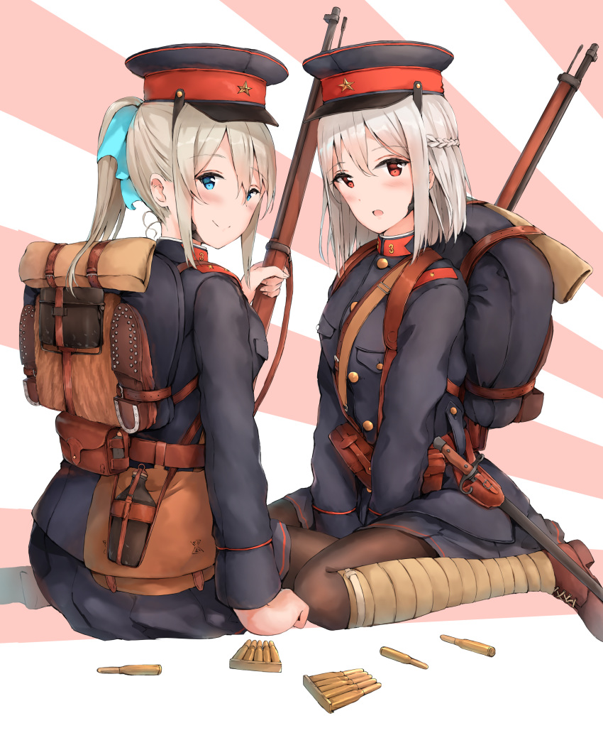 2girls absurdres backpack bad_id bad_pixiv_id bag bayonet blonde_hair blue_eyes bullet canteen gun hat highres imperial_japanese_army military military_hat military_uniform multiple_girls orange_eyes original pantyhose ponytail pouch puttee rifle silver_hair sitting syotastar uniform wariza weapon