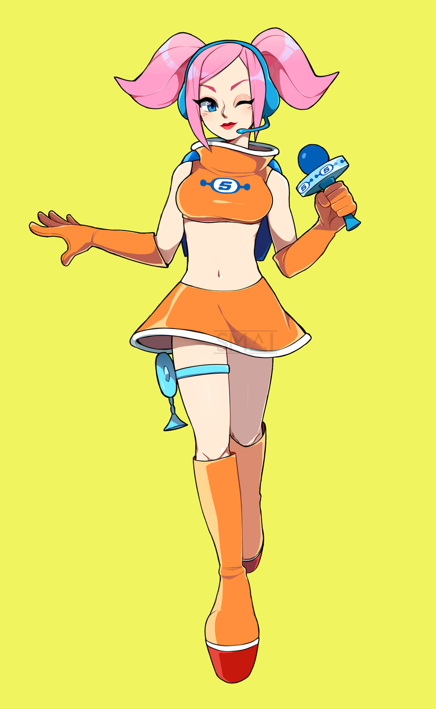 ;) absurdres blue_eyes boots breasts commentary crop_top elbow_gloves energy_gun english_commentary female full_body gloves headset high_collar highres holster knee_boots lipstick makeup medium_breasts microphone midriff miniskirt navel one_eye_closed orange_footwear orange_gloves orange_skirt pink_hair platform_boots platform_footwear ray_gun sami_briggs short_hair short_twintails skirt smile solo space_channel_5 stomach swept_bangs thigh_holster twintails ulala watermark weapon yellow_background