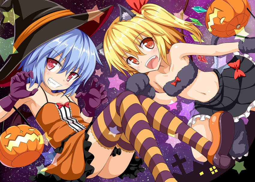 2girls :d animal_ears armpits bare_shoulders blush cat_ears claw_pose commentary_request flandre_scarlet gin'you_haru gloves grin halloween hat jack-o'-lantern looking_at_viewer midriff miniskirt multiple_girls navel oerba_yun_fang open_mouth orange_eyes paw_pose pleated_skirt purple_gloves red_eyes remilia_scarlet short_hair side_ponytail skirt smile striped_clothes striped_thighhighs thighhighs touhou witch_hat