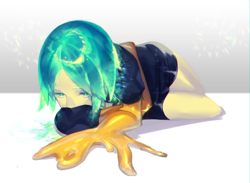 1other absurdres androgynous bad_id bad_twitter_id black_shirt black_shorts commentary gem_uniform_(houseki_no_kuni) green_eyes green_hair highres houseki_no_kuni lying melting mozu_1oo on_side other_focus pale_skin parted_bangs phosphophyllite puffy_short_sleeves puffy_sleeves shirt short_hair short_sleeves shorts solo spoilers