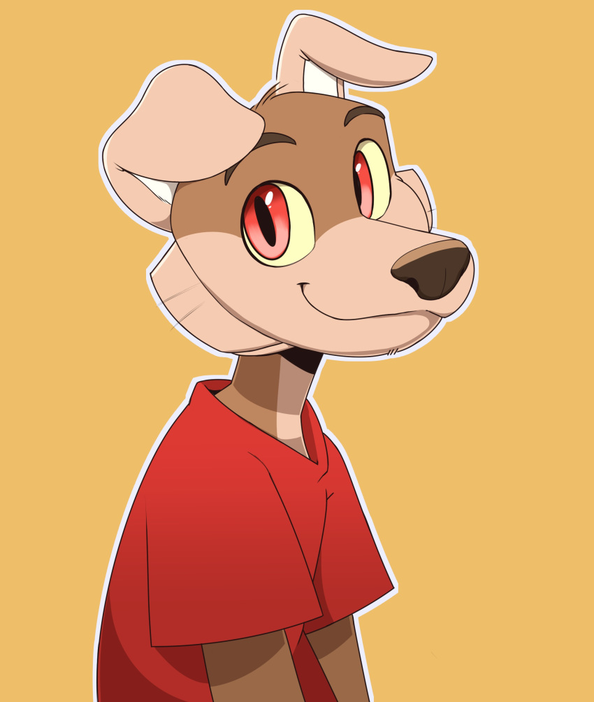 2018 absurd_res anthro brown_body brown_fur bust_portrait canid canine canis cewljoke clothed clothing conditional_dnp domestic_dog floppy_ears fur hi_res kom_(komdog) looking_at_viewer male mammal outline portrait red_clothing red_eyes red_shirt red_topwear shirt simple_background smile solo topwear white_outline yellow_background yellow_sclera