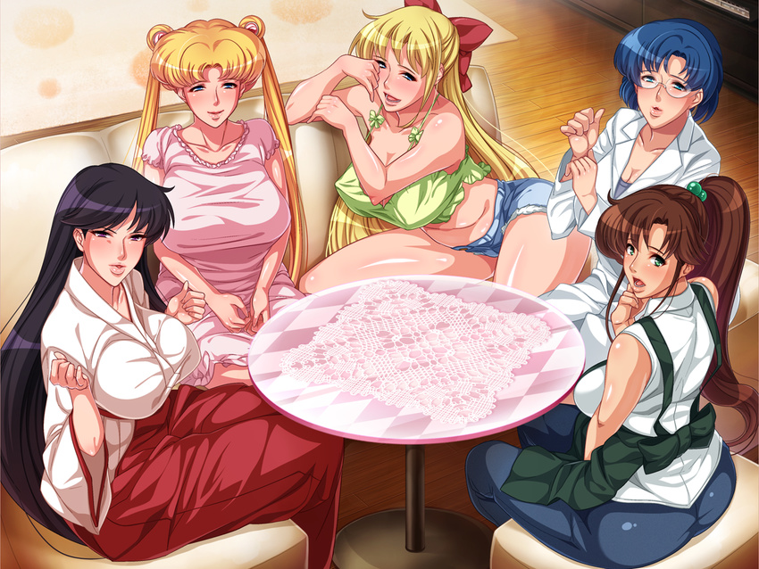 5girls aino_minako apron bishoujo_senshi_sailor_moon black_hair blonde_hair blue_eyes blue_hair blush bow breasts brown_hair couch denim dress glasses green_eyes hair_bobbles hair_ornament hairbow highres hino_rei huge_breasts japanese_clothes jeans kimono kino_makoto labcoat large_breasts legs long_hair looking_at_viewer mario_(artist) miko mizuno_ami multiple_girls older open_mouth pants pink_dress plump ponytail purple_eyes sailor_jupiter sailor_mars sailor_mercury sailor_moon sailor_venus shirt short_hair shorts sitting smile table tank_top team-tanabe thighs tsukino_usagi twintails white_shirt