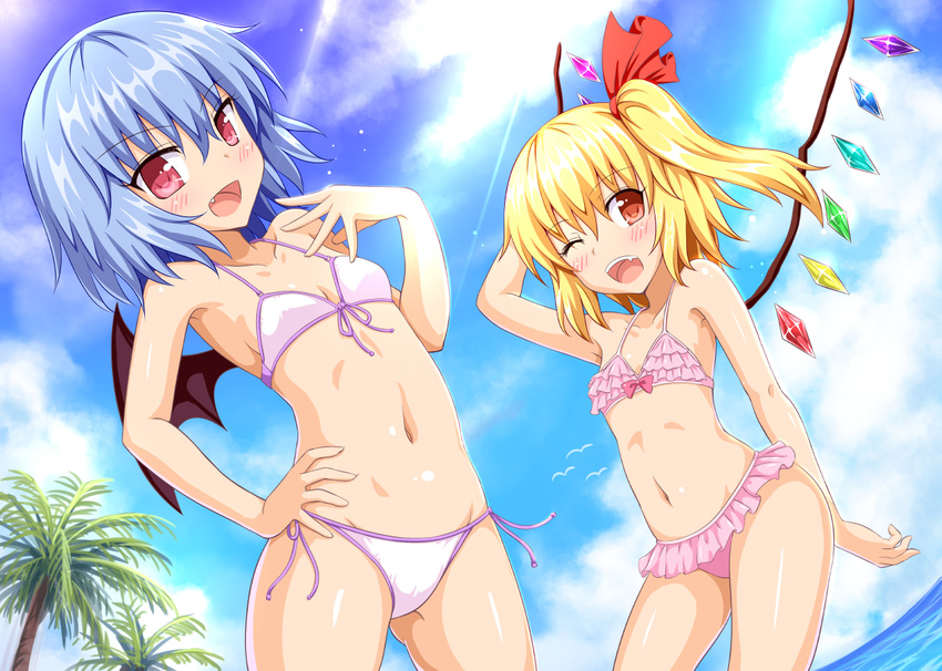 2girls :d ;d arm_behind_head arm_up bat_wings bikini blonde_hair blue_hair blush cloud commentary_request day flandre_scarlet flat_chest frilled_bikini frills gin'you_haru hand_on_own_hip multiple_girls navel oerba_yun_fang one_eye_closed open_mouth outdoors pink_bikini purple_bikini red_eyes remilia_scarlet short_hair side_ponytail sky smile swimsuit touhou wings