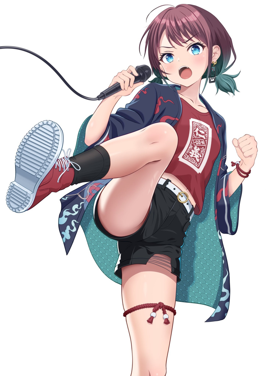 belt belt_buckle black_shorts black_socks blue_eyes blue_happi bracelet breasts brown_hair buckle commentary_request earrings faru_(yubjqwprkxu) female girls_band_cry highres holding holding_microphone iseri_nina jewelry kuuhaku_to_catharsis looking_at_viewer low_twintails microphone midriff_peek navel open_happi open_mouth red_footwear red_shirt shirt short_hair short_twintails shorts simple_background sleeves_past_elbows small_breasts socks solo standing standing_on_one_leg teeth thigh_strap thighs twintails upper_teeth_only white_background white_belt wire