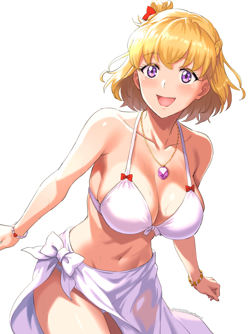 asahina_mirai bikini blonde_hair breasts female highres jewelry large_breasts looking_at_viewer mahou_girls_precure! medium_hair necklace open_mouth precure purple_eyes sand sarong side_ponytail simple_background sky smile solo sozan swimsuit white_background white_bikini