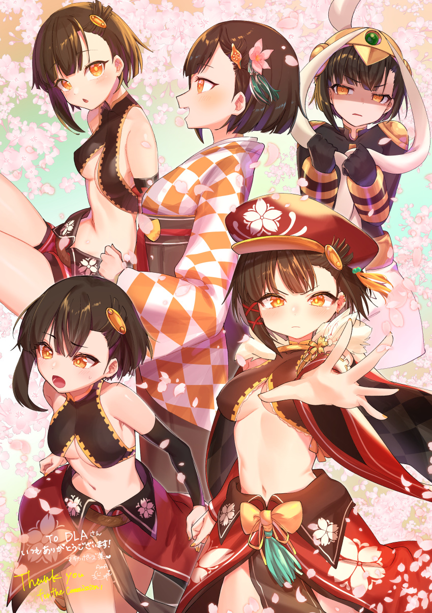 absurdres black_hair breasts commission detached_sleeves disgust dragon_poker female frown hair_ornament hairclip hat highres japanese_clothes kimono lupi_(lupinel9) machika_(serenade) medium_breasts multiple_views navel orange_eyes orange_nails petite red_hat shaded_face short_hair shorts skeb_commission smile solo underboob