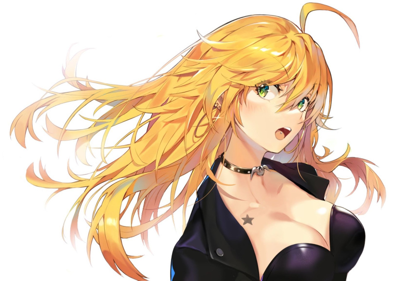 ahoge bad_id bad_twitter_id black_jacket blonde_hair breasts choker cleavage ear_piercing female floating_hair green_eyes highres hoshii_miki idolmaster idolmaster_(classic) jacket large_breasts long_hair looking_to_the_side open_clothes open_jacket open_mouth piercing simple_background solo star_tattoo studded_choker tattoo teeth tongue_piercing tuxedo_de_cat upper_teeth_only white_background