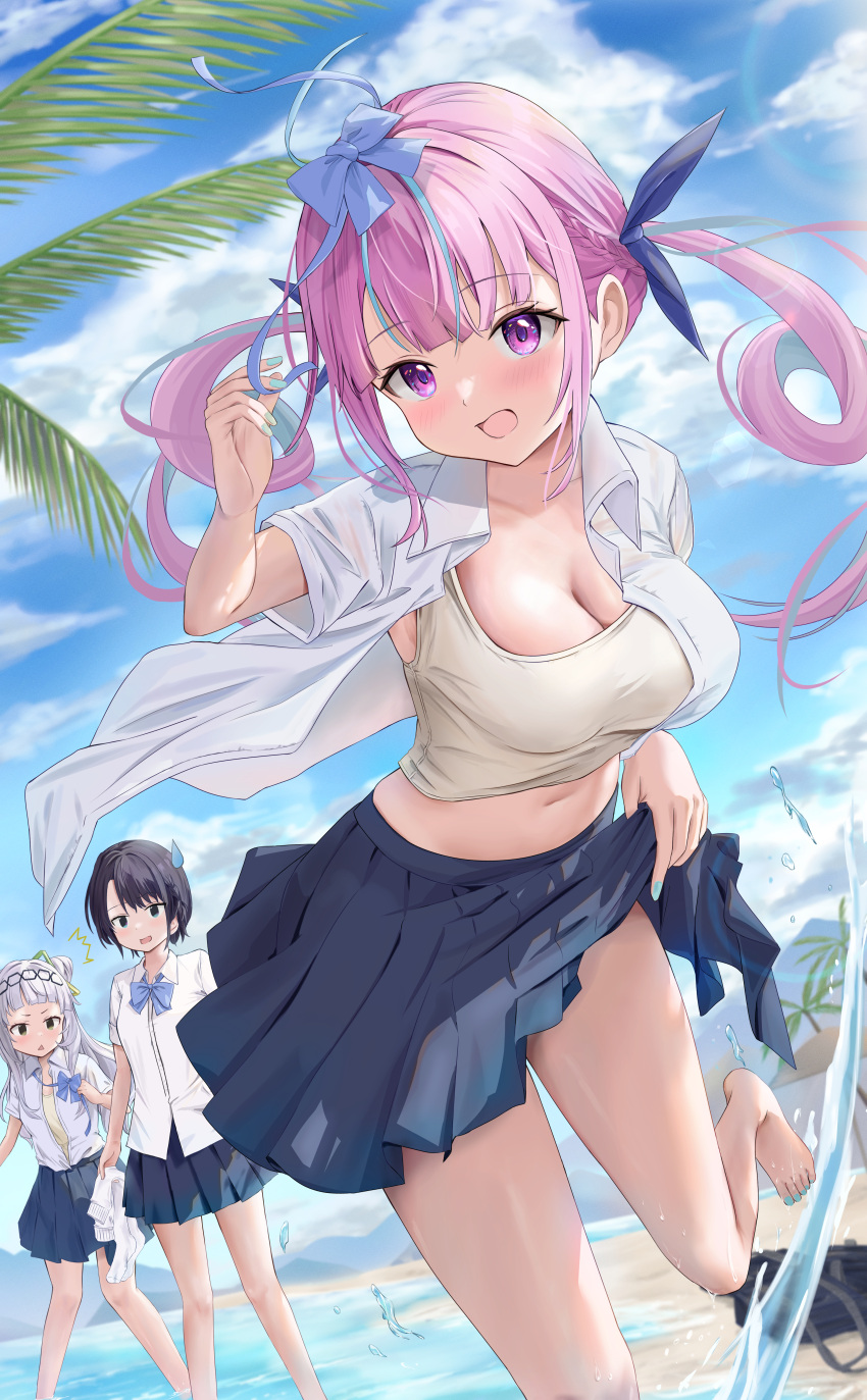 3girls absurdres ahoge barefoot blue_hair blue_nails blue_ribbon blue_skirt blush braid breasts brown_hair cleavage collared_shirt grey_hair hair_ribbon highres hololive large_breasts looking_at_viewer medium_breasts minato_aqua mochiki_927 multicolored_hair multiple_girls murasaki_shion nail_polish oozora_subaru open_mouth pink_hair purple_eyes ribbon shirt skirt small_breasts smile toenail_polish toenails twin_braids two-tone_hair virtual_youtuber white_shirt