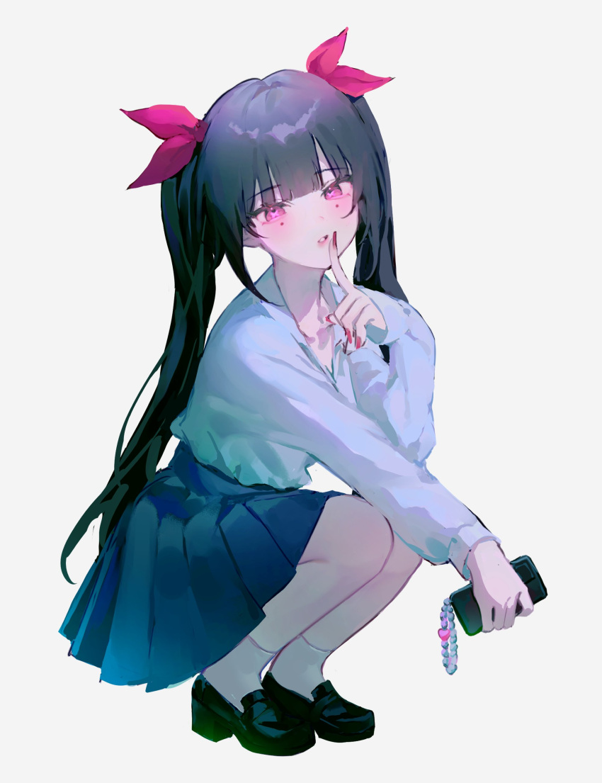 absurdres ankle_socks black_hair blue_skirt blunt_bangs blush cellphone cellphone_charm charm_(object) commentary english_commentary facial_mark female finger_to_mouth fingernails hair_ribbon head_tilt highres holding honkai:_star_rail honkai_(series) li_nauu loafers long_hair long_sleeves looking_at_viewer parted_lips phone pink_eyes pleated_skirt red_nails ribbon school_uniform shirt shoes sidelocks simple_background skirt smartphone socks solo sparkle_(honkai:_star_rail) squatting symbol-shaped_pupils twintails white_background white_shirt white_socks x-shaped_pupils