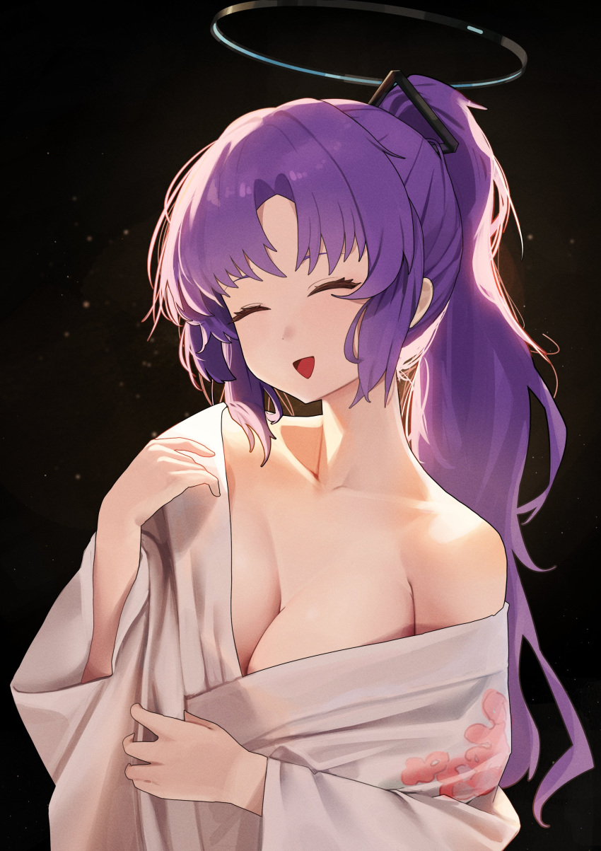 absurdres alternate_costume black_background black_halo blue_archive breasts cleavage closed_eyes female halo highres jaihu japanese_clothes kimono mechanical_halo off_shoulder ponytail purple_hair smile solo triangle_hair_ornament upper_body white_kimono yuuka_(blue_archive)