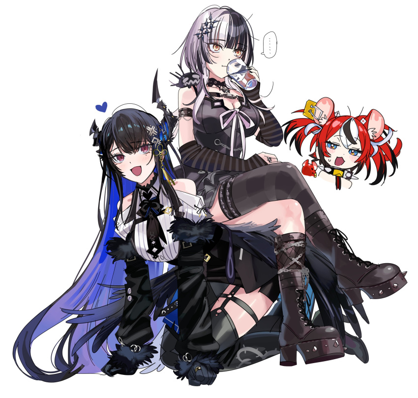 3girls absurdres asymmetrical_horns black_hair blue_hair breasts cleavage colored_inner_hair commentary demon_horns full_body grey_hair hair_ornament hakos_baelz highres hololive hololive_english horns human_chair human_furniture long_hair masochism mole mole_under_eye multicolored_hair multiple_girls nerissa_ravencroft nerissa_ravencroft_(1st_costume) open_mouth red_eyes shiori_novella simple_background sitting sitting_on_person split-color_hair symbol-only_commentary two-tone_hair uneven_horns virtual_youtuber white_background yellow_eyes yomosaka