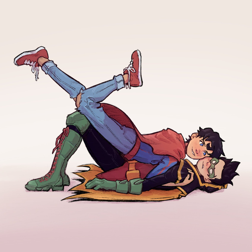 2boys black_hair bodysuit cheek-to-cheek child_on_child damian_wayne dc_comics denim domino_mask draw_your_fav_ship_like_this_(meme) face-to-face full_body gabrl_art green_footwear heads_together highres jeans jonathan_kent long_sleeves male_focus mask meme multiple_boys pants robin_(dc) shoes short_hair simple_background sneakers super_sons superboy superhero_costume