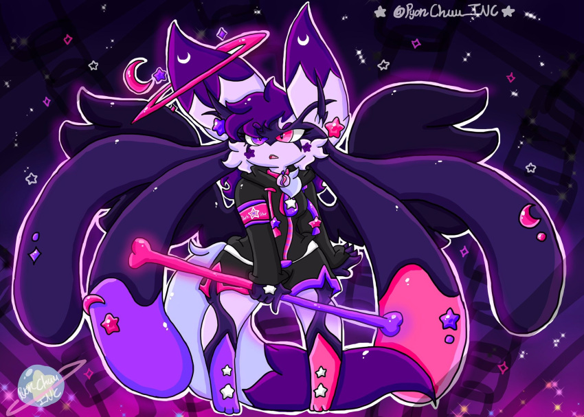 anthro bone bottomwear clothing female fur generation_6_pokemon hair heterochromia hi_res jacket lewdchuu_(artist) mega_evolution mega_lucario moon nintendo pink_eyes pokemon pokemon_(species) purple_body purple_eyes purple_fur purple_hair pyon_(lewdchuu) shorts solo star topwear