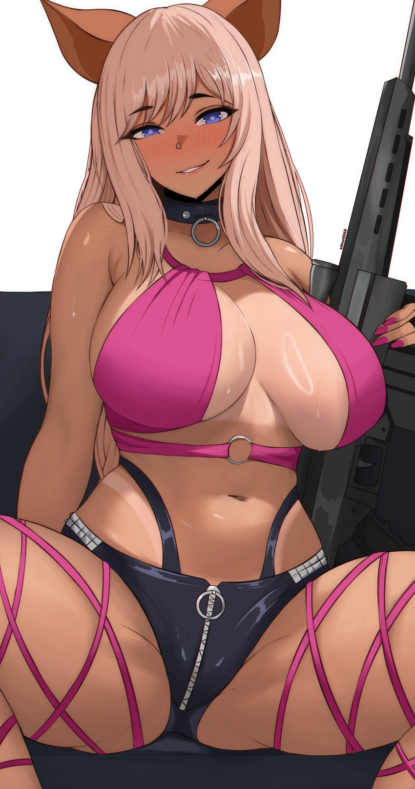 absurdres animal_collar animal_ears ass_visible_through_thighs bikini_tan black_shorts blush breasts collar commentary dark-skinned_female dark_skin edmun6969 english_commentary female fingernails gun highleg highleg_panties highres holding holding_gun holding_weapon huge_breasts journey_to_the_west leg_ribbon long_hair looking_at_viewer micro_shorts navel o-ring_collar panties pig_ears pig_girl pink_hair purple_eyes purple_nails ribbon rifle rose_(zaiyuki) sagging_breasts shiny_skin shorts sideboob sitting sniper_rifle solo spread_legs sweat tan tanlines thigh_ribbon underwear weapon white_background zaiyuki zipper_pull_tab zipper_shorts