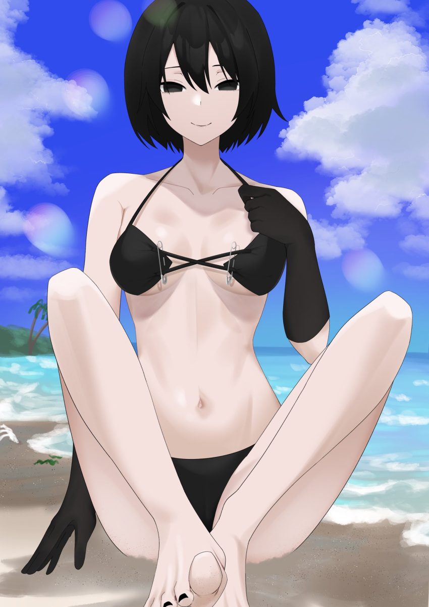 alternate_costume arril100 barefoot beach bikini black_bikini black_eyes black_gloves black_hair black_nails blue_sky breasts closed_mouth collarbone day feet female full_body gloves hair_between_eyes hand_up highres knees_apart_feet_together knees_up legs looking_at_viewer medium_breasts monogatari_(series) nail_polish navel no_pupils ocean oshino_ougi outdoors palm_tree safety_pin shadow short_hair sitting sky smile solo stomach swimsuit toenail_polish toenails toes tree