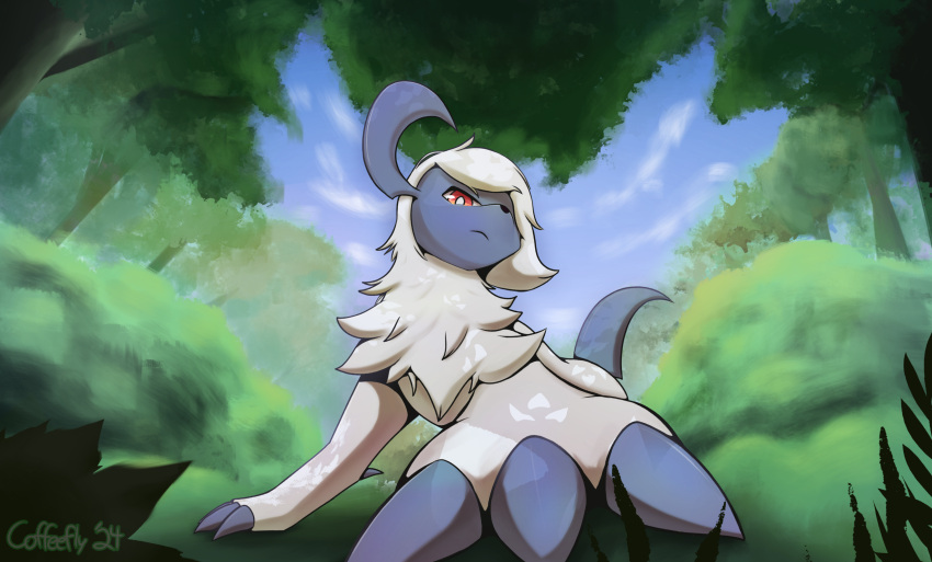 absol coffeefly forest generation_3_pokemon hi_res looking_down nintendo outside plant pokemon pokemon_(species) red_eyes solo standing tree