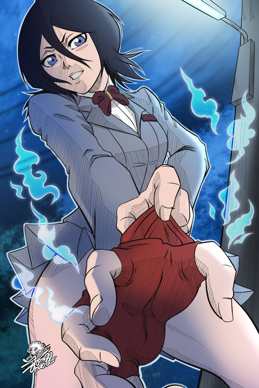 black_hair bleach convenient_censoring female gloves hair_between_eyes highres kuchiki_rukia looking_at_viewer purple_eyes ribbon school_uniform short_hair solo zombiemasta99