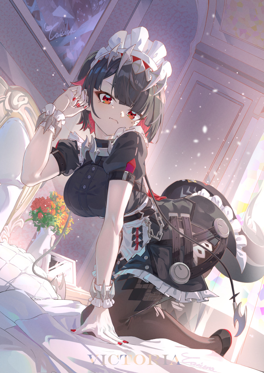 absurdres black_dress black_hair black_pantyhose blunt_bangs breasts caisena colored_inner_hair dress ellen_joe female highres indoors large_breasts looking_at_viewer maid maid_headdress multicolored_hair pantyhose puffy_short_sleeves puffy_sleeves red_eyes red_hair short_hair short_sleeves solo tail wrist_cuffs zenless_zone_zero