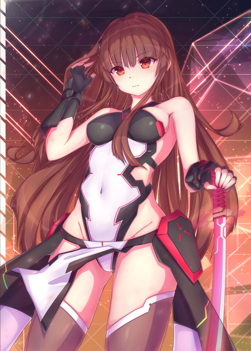 2428_ni42ya arm_guards armpits bare_shoulders black_gloves breasts brown_hair brown_thighhighs covered_navel female gloves groin hair_between_breasts hair_flip hair_ornament highleg highleg_leotard highres holding holding_sword holding_weapon katana kureha_(sound_voltex) leotard long_hair medium_bangs medium_breasts partially_fingerless_gloves red_eyes sleeveless solo sound_voltex sword thighhighs thighs weapon