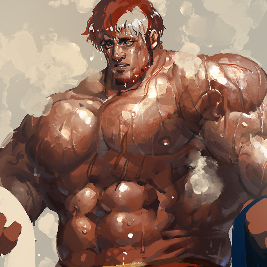 1boy abs alternate_pectoral_size bara beard commission dark-skinned_male dark_skin facial_hair full_beard gorimoire hair_down headband highres huge_pectorals indie_virtual_youtuber looking_ahead male_focus mature_male multicolored_hair muscular muscular_male navel nipples nude red_hair ryuugen_drake scar scar_across_eye short_hair skeb_commission solo steaming_body streaked_hair strongman_waist sweat tsurime upper_body very_sweaty virtual_youtuber white_hair