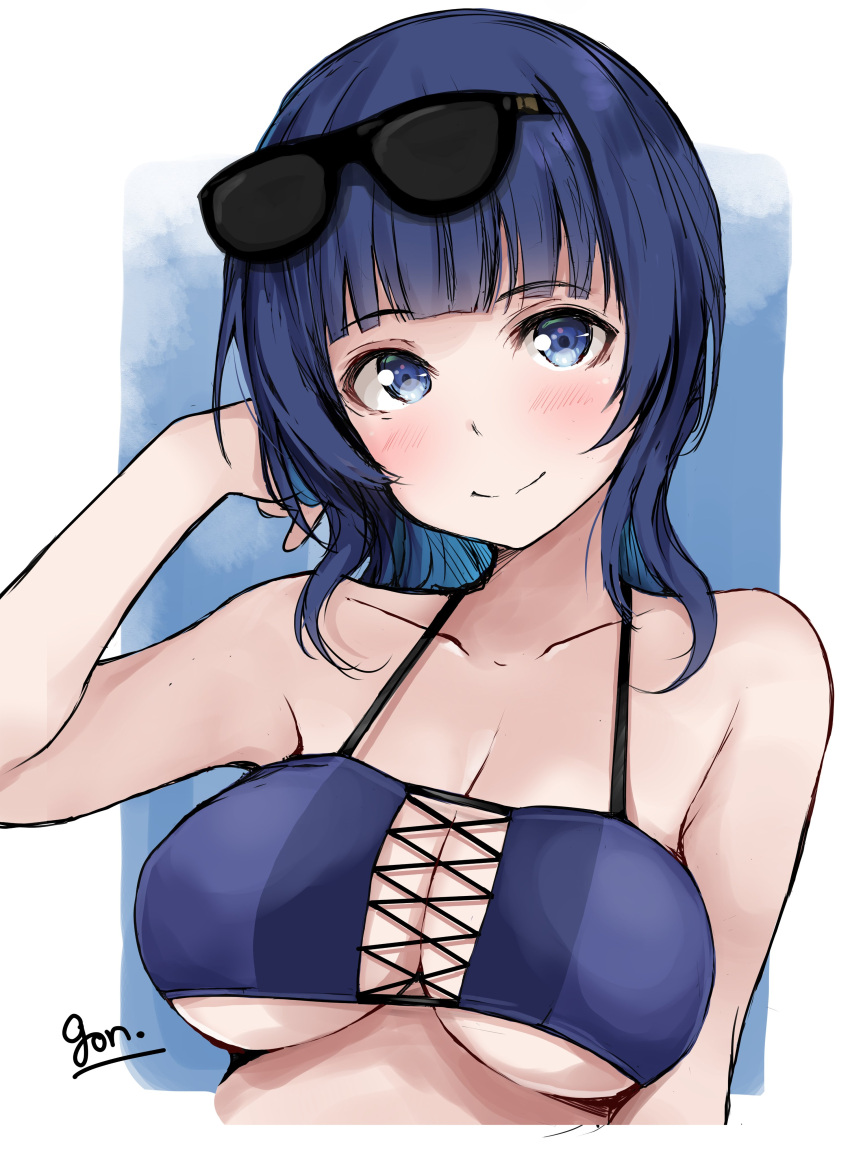 absurdres artist_name asaka_karin bikini blue_background blue_bikini blue_eyes blue_hair blush breasts cleavage commentary_request dark_blue_hair eyewear_on_head female gengoroh highres large_breasts love_live! love_live!_nijigasaki_high_school_idol_club multicolored_background portrait signature smile sunglasses swimsuit white_background