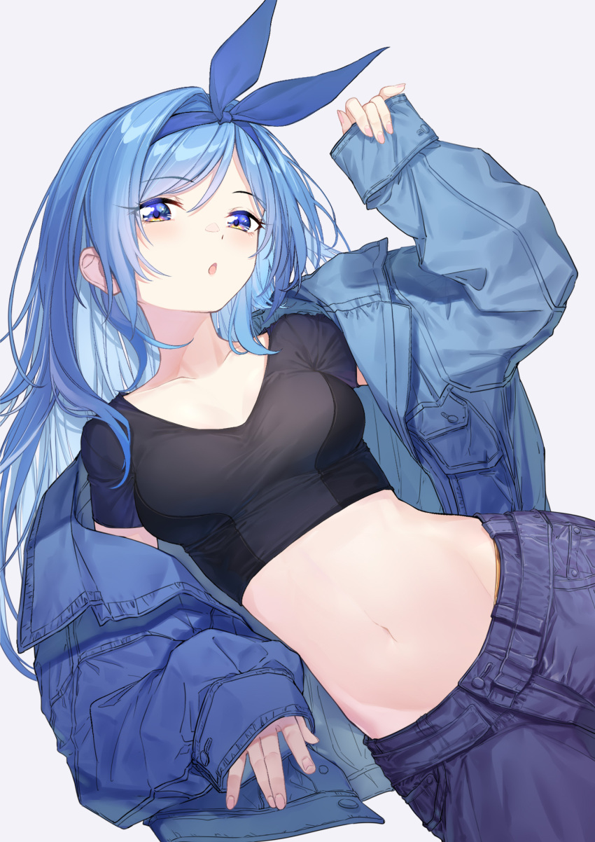 bae_minah_(chaesu) black_shirt blue_eyes blue_hair blue_jacket blush borrowed_character breasts coffeekite collarbone cropped_shirt denim female hairband highres jacket jeans long_hair long_sleeves looking_at_viewer midriff navel off_shoulder open_mouth original pants shirt short_sleeves small_breasts solo stomach