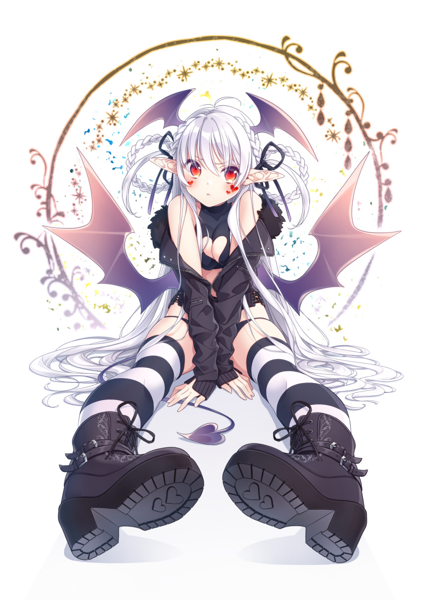 :< arms_between_legs bad_id bad_pixiv_id bare_shoulders belt_boots boots braid breasts breasts_squeezed_together clothing_cutout crown_braid demon_girl demon_tail elf female foreshortening fur_trim hair_ribbon head_wings heart heart_cutout heart_tattoo highres jacket levka long_hair low_wings no_pants off_shoulder orange_eyes original panties pointy_ears ribbon shoe_soles sitting solo striped_clothes striped_thighhighs tail tattoo thighhighs underwear very_long_hair white_hair wings zipper