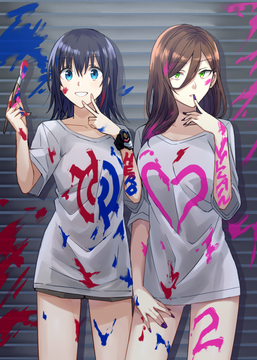 2girls black_hair blue_eyes breasts brown_hair commentary_request english_text fingernails green_eyes grey_shirt grey_shorts hair_between_eyes hand_up hands_up heart hero-san_to_moto_onna_kanbu-san highres holding holding_paintbrush honey_trap_(hero-san_to_moto_onna_kanbu-san) honjou_hayate long_hair multiple_girls nail_polish paint_on_body paint_on_clothes paint_on_fingers paint_splatter paint_splatter_on_face paintbrush pink_nails purple_nails shirt short_shorts short_sleeves shorts small_breasts somechime_(sometime1209) standing watch wristwatch